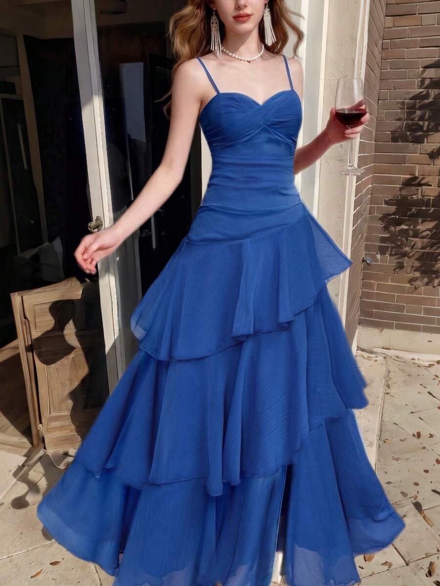 SHEIN فستان أنيق بحمالات سباغيتي مكشكشة بلون أزرق