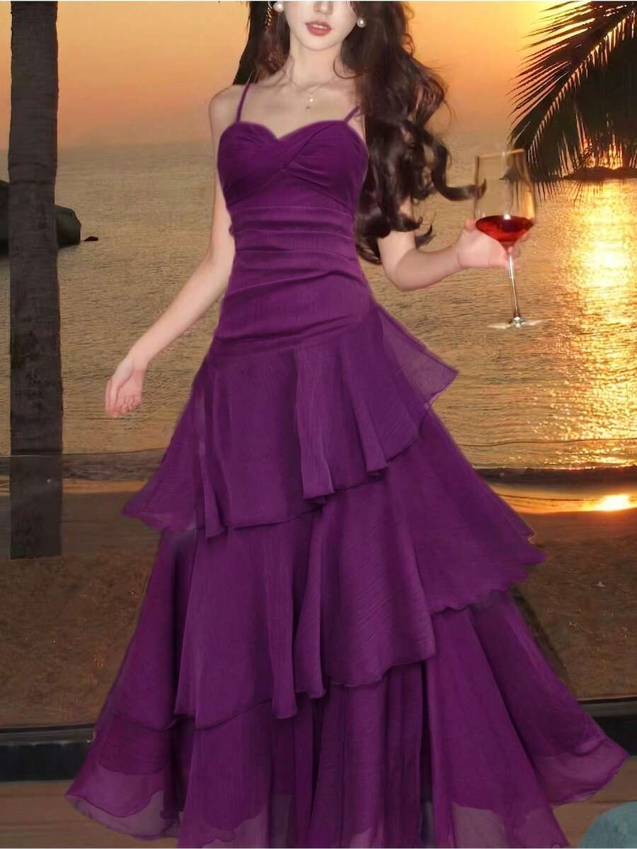 SHEIN فستان أنيق غير متماثل بحمالات سباغيتي مكشكشة بلون أرجواني