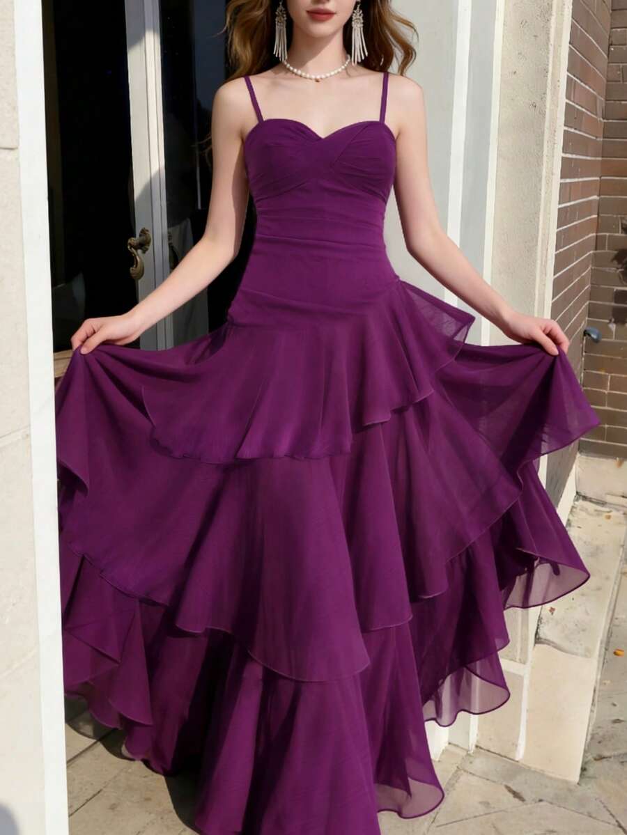 SHEIN فستان أنيق غير متماثل بحمالات سباغيتي مكشكشة بلون أرجواني