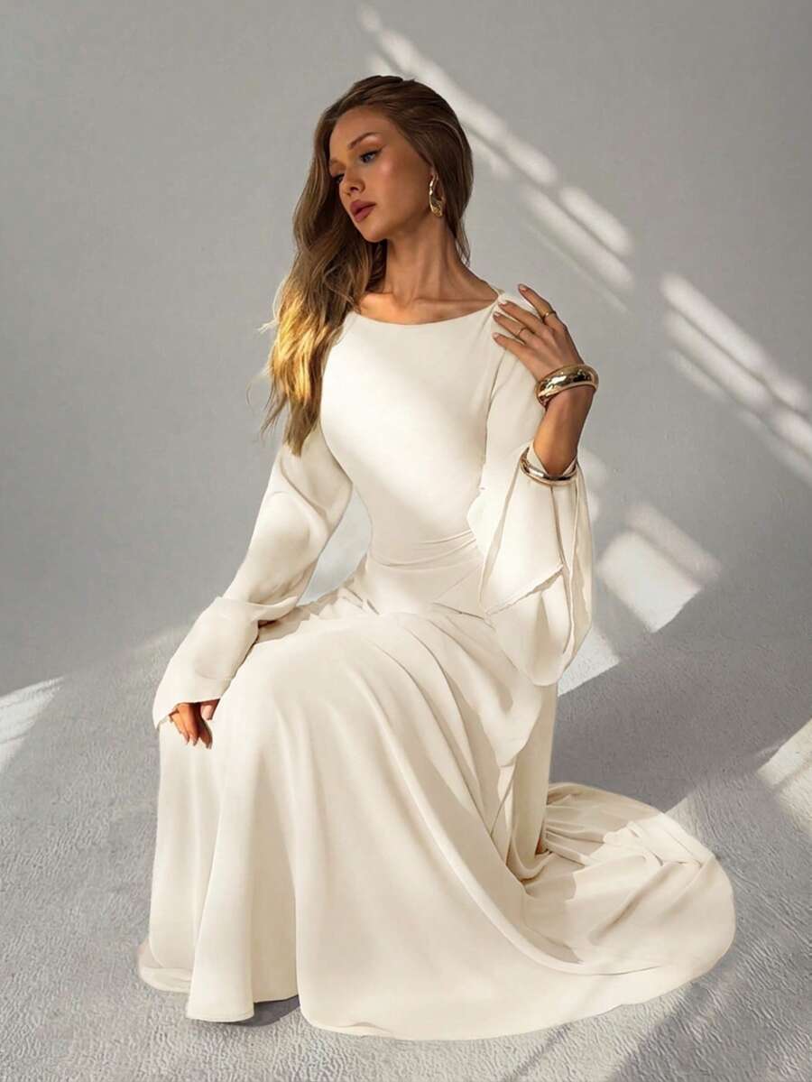 SHEIN Aloruh فستان بيج بأكمام واسعة منسدلة وخصر مربوط وظهر مكشكش