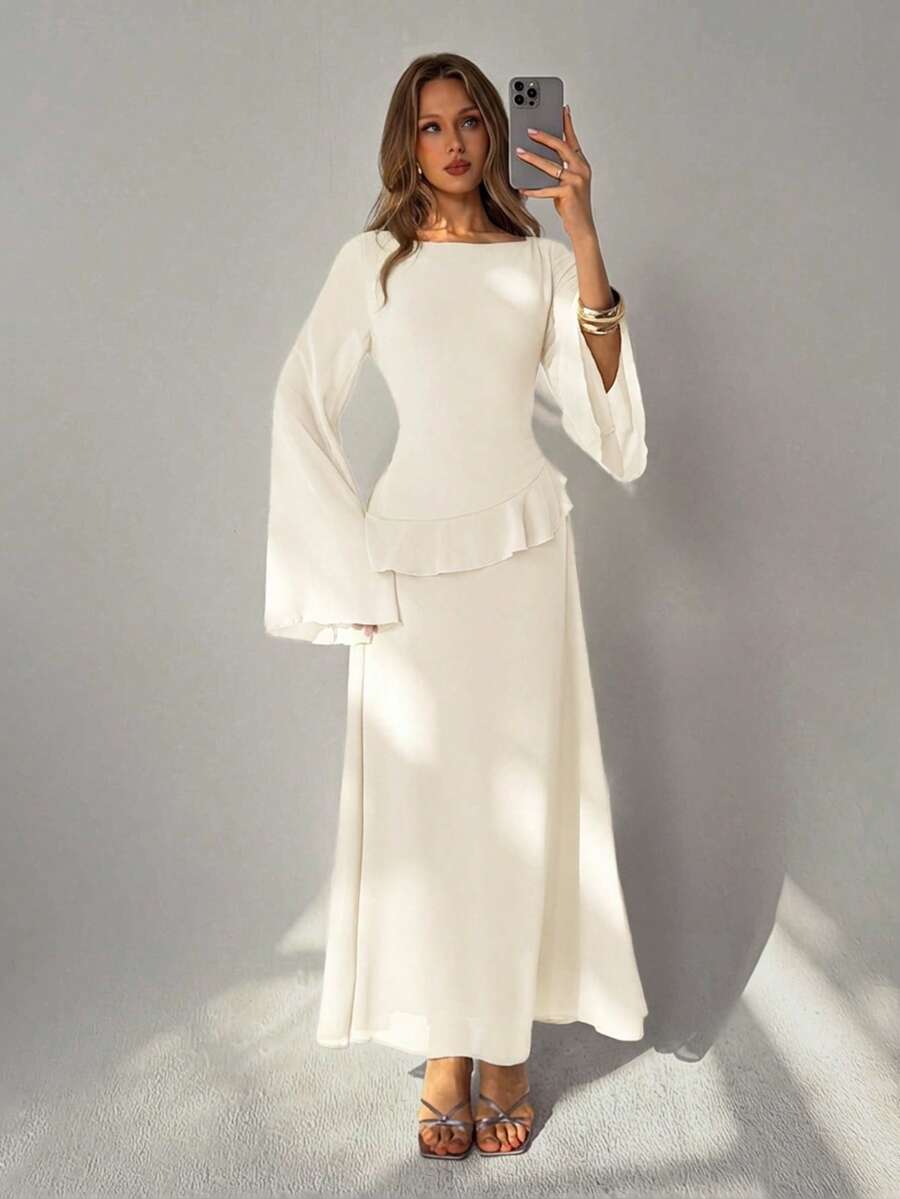 SHEIN Aloruh فستان بيج بأكمام واسعة منسدلة وخصر مربوط وظهر مكشكش