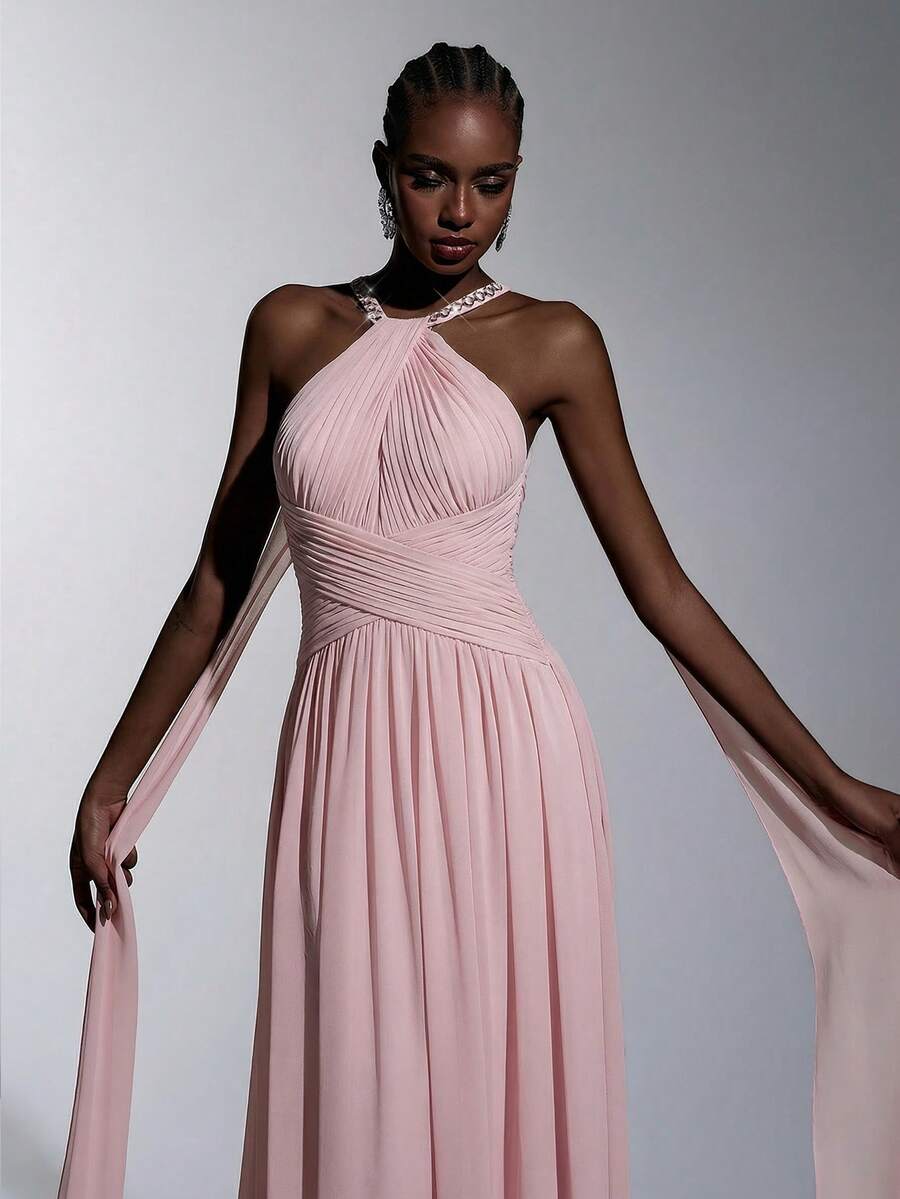 SHEIN Elitara فستان سهرة من الشيفون الوردي بظهر مكشوف وأربطة عريضة