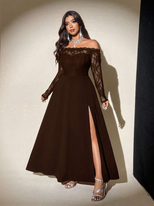 SHEIN Viva Relle فستان بني شبكي بأكتاف مكشوفة للمقاسات الكبيرة
