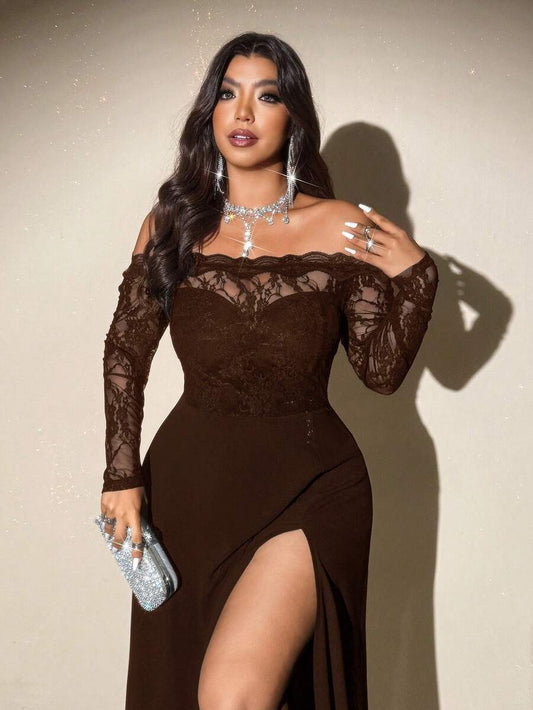 SHEIN Viva Relle فستان بني شبكي بأكتاف مكشوفة للمقاسات الكبيرة
