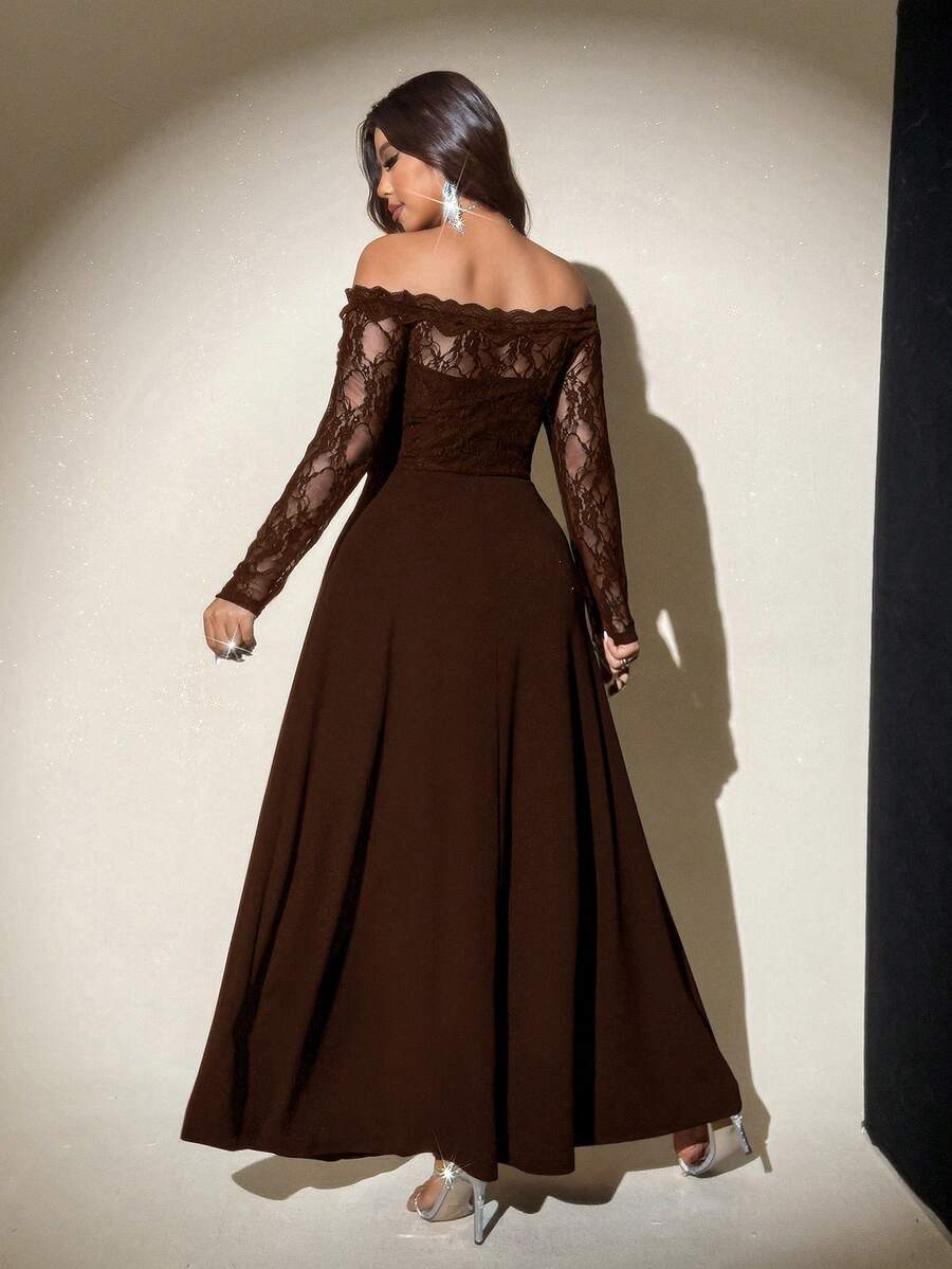 SHEIN Viva Relle فستان بني شبكي بأكتاف مكشوفة للمقاسات الكبيرة
