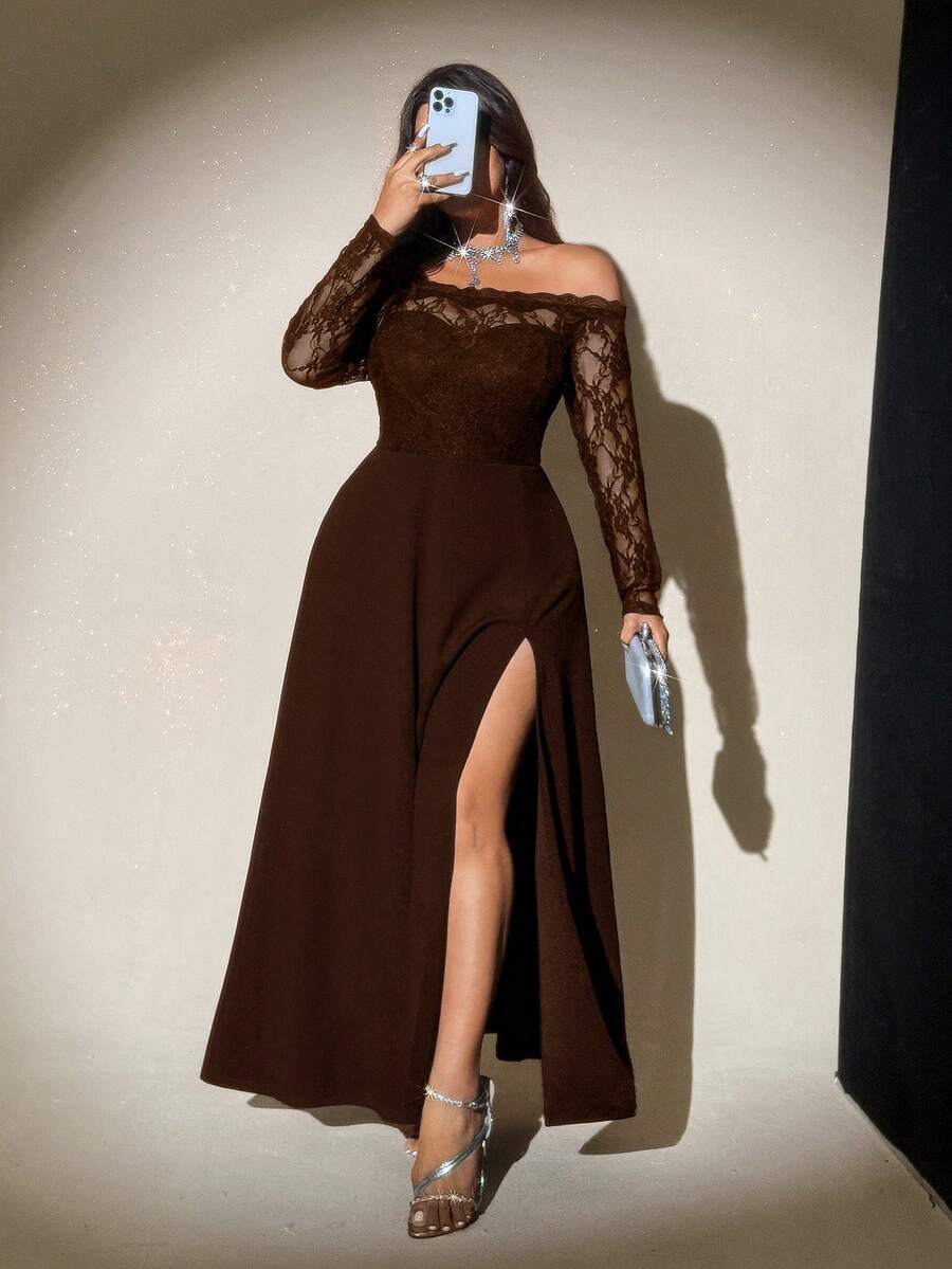 SHEIN Viva Relle فستان بني شبكي بأكتاف مكشوفة للمقاسات الكبيرة