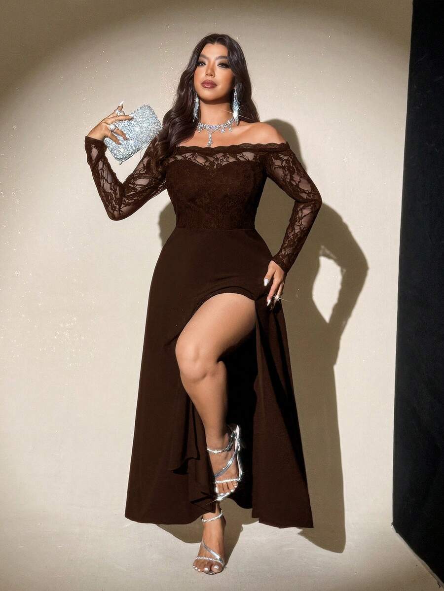 SHEIN Viva Relle فستان بني شبكي بأكتاف مكشوفة للمقاسات الكبيرة