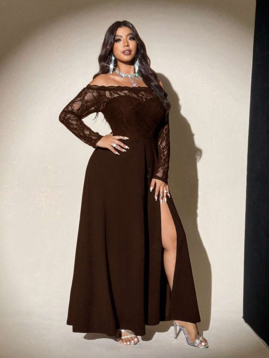 SHEIN Viva Relle فستان بني شبكي بأكتاف مكشوفة للمقاسات الكبيرة