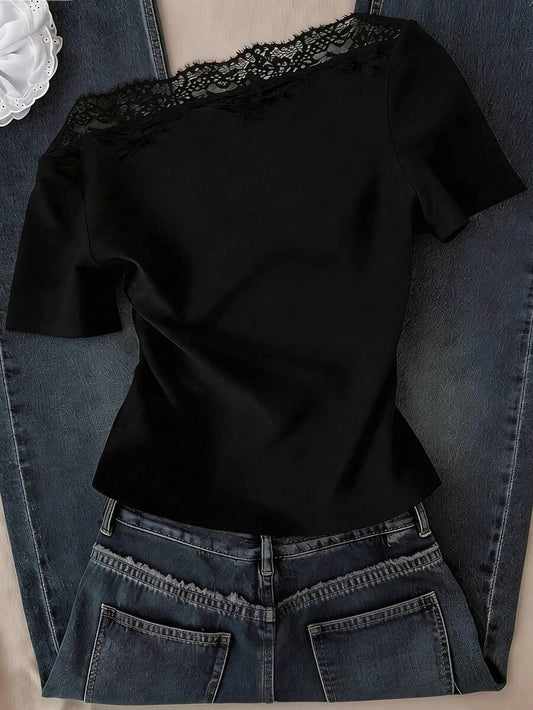 SHEIN Mulvari تي شيرت أسود بكتف غير متماثل من الدانتيل الفرنسي