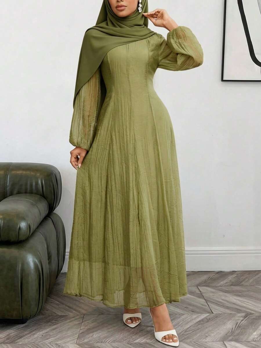 SHEIN Veilorie فستان أخضر بخصر مطوي وياقة عالية وأكمام طويلة
