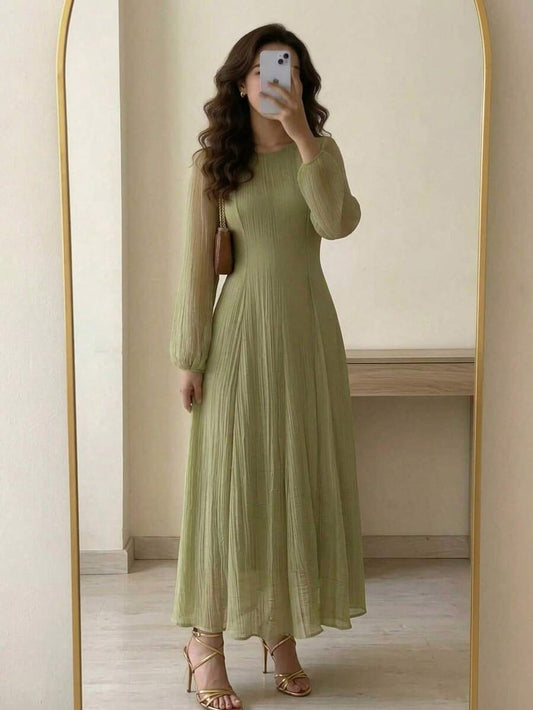SHEIN Veilorie فستان أخضر بخصر مطوي وياقة عالية وأكمام طويلة