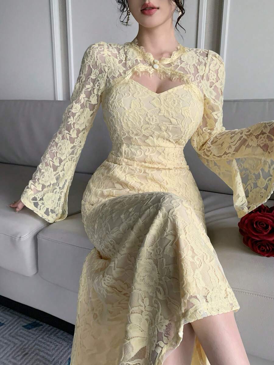SHEIN فستان أصفر أنيق طويل الأكمام