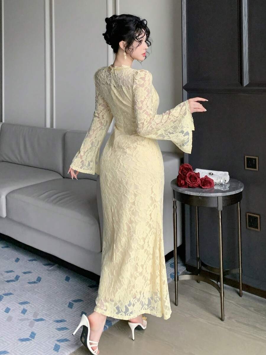SHEIN فستان أصفر أنيق طويل الأكمام