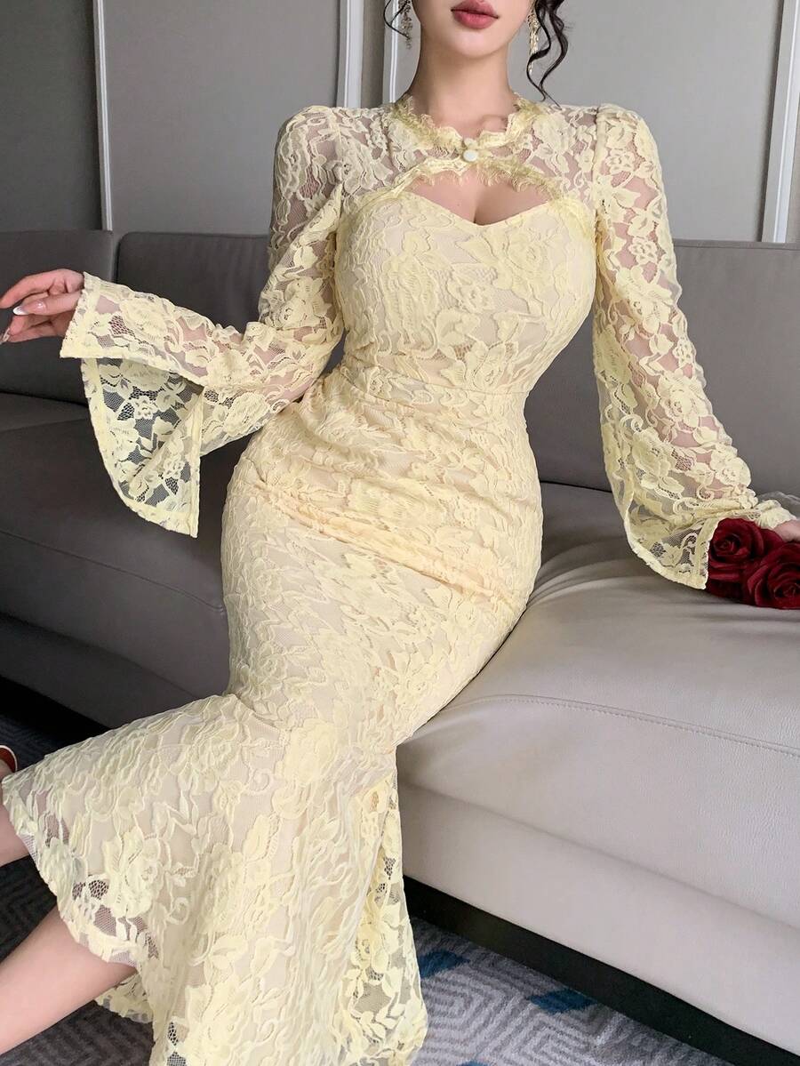 SHEIN فستان أصفر أنيق طويل الأكمام