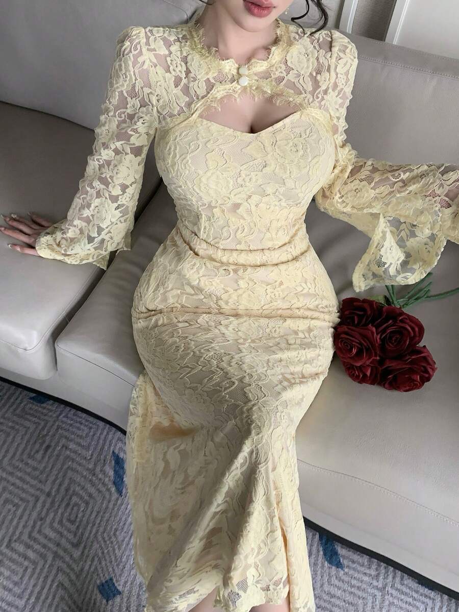 SHEIN فستان أصفر أنيق طويل الأكمام