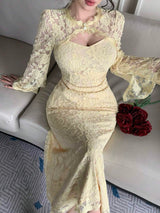 SHEIN فستان أصفر أنيق طويل الأكمام