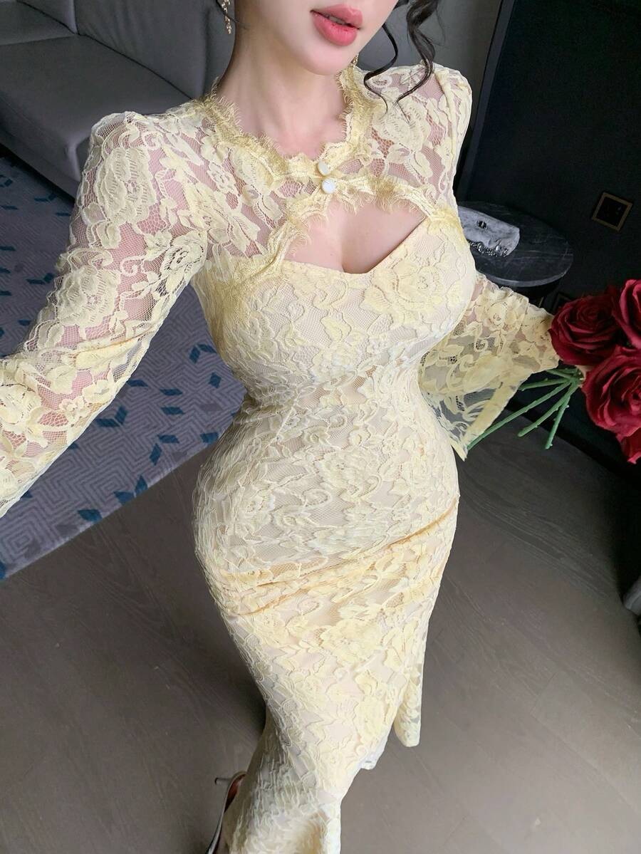SHEIN فستان أصفر أنيق طويل الأكمام
