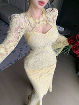 SHEIN فستان أصفر أنيق طويل الأكمام