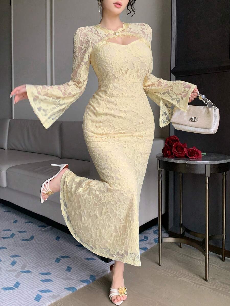 SHEIN فستان أصفر أنيق طويل الأكمام