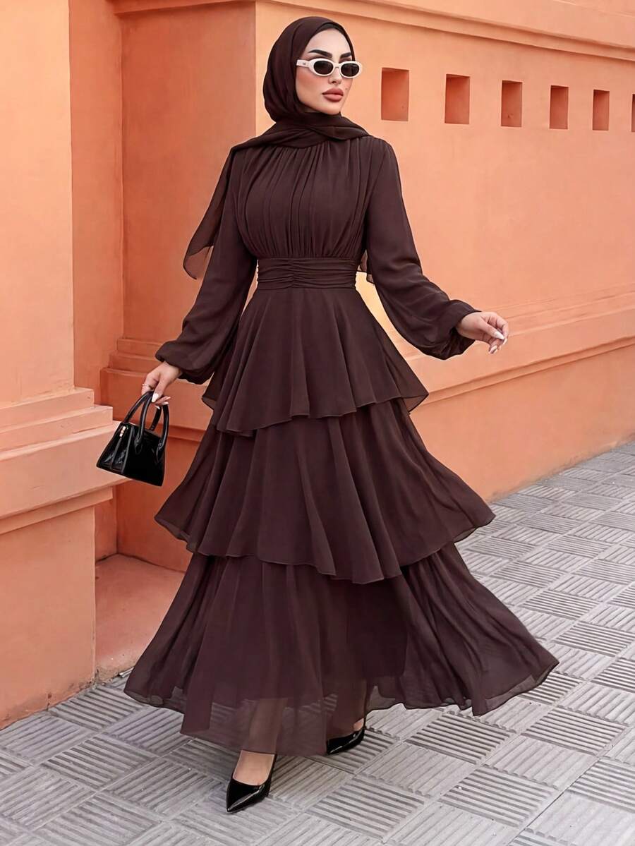 SHEIN Elenzga فستان ماكسي شيفون بأكمام فانوس وياقة عالية وخصر قابل للتعديل