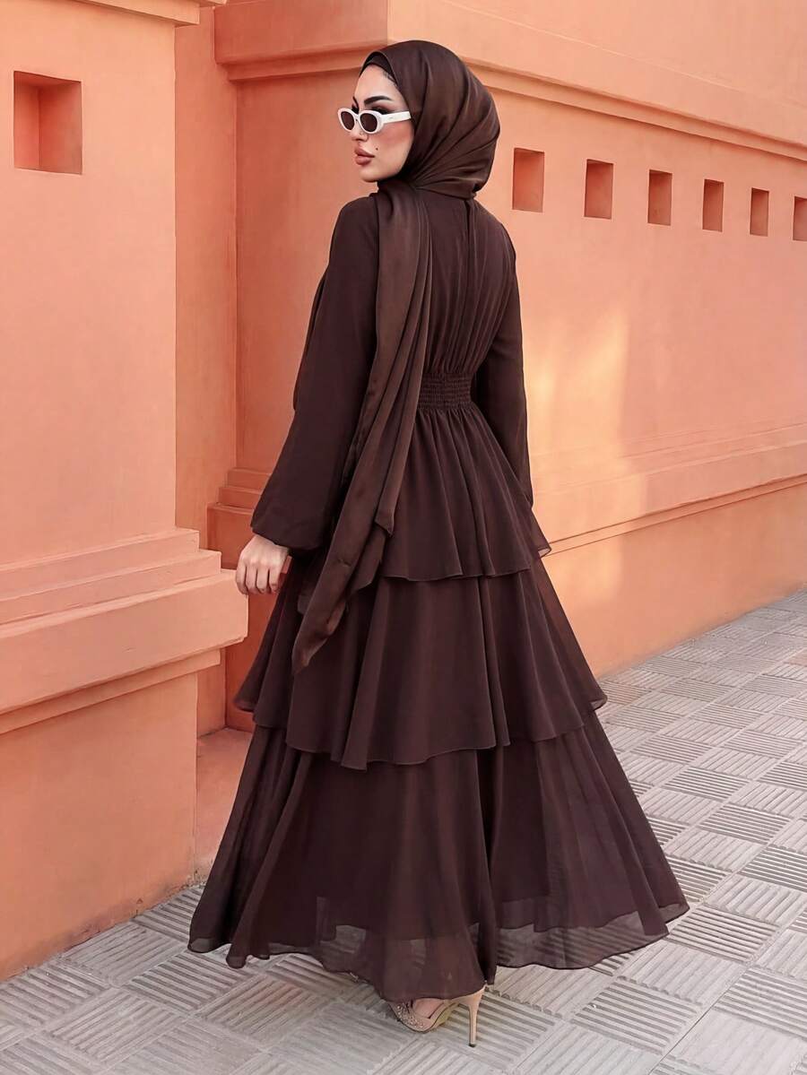 SHEIN Elenzga فستان ماكسي شيفون بأكمام فانوس وياقة عالية وخصر قابل للتعديل