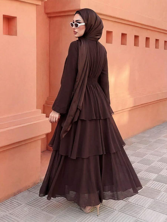 SHEIN Elenzga فستان ماكسي شيفون بأكمام فانوس وياقة عالية وخصر قابل للتعديل
