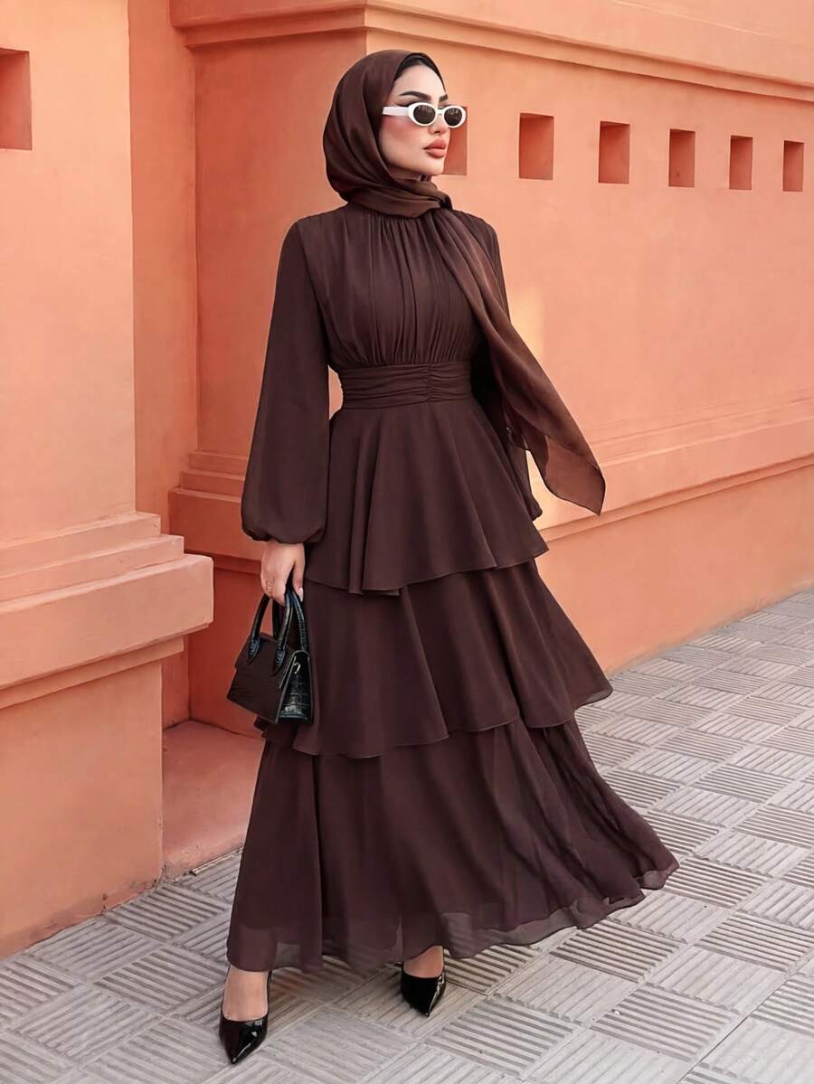 SHEIN Elenzga فستان ماكسي شيفون بأكمام فانوس وياقة عالية وخصر قابل للتعديل