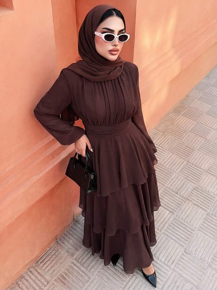 SHEIN Elenzga فستان ماكسي شيفون بأكمام فانوس وياقة عالية وخصر قابل للتعديل