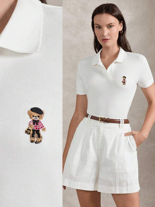 SHEIN Briarwyn تي شيرت بولو أبيض بأكمام قصيرة وتطريز دب