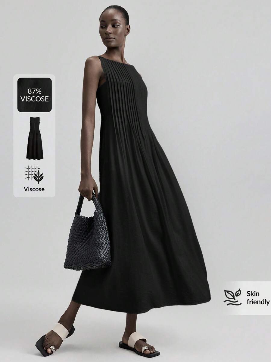 SHEIN ONTRE فستان أسود طويل مخطط كاجوال أنيق