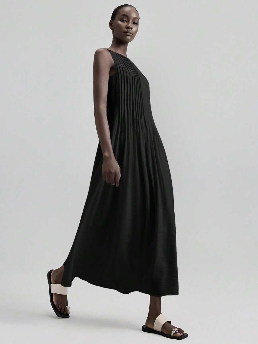 SHEIN ONTRE فستان أسود طويل مخطط كاجوال أنيق
