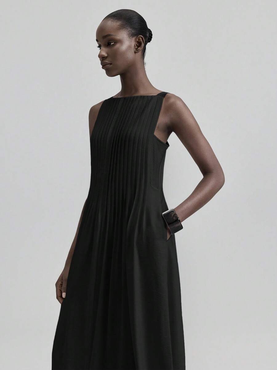 SHEIN ONTRE فستان أسود طويل مخطط كاجوال أنيق