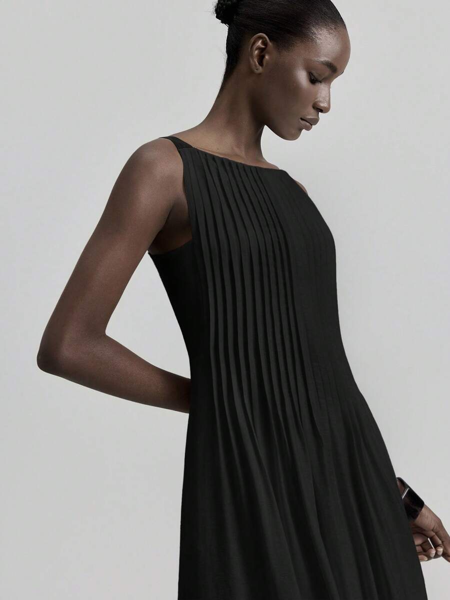 SHEIN ONTRE فستان أسود طويل مخطط كاجوال أنيق