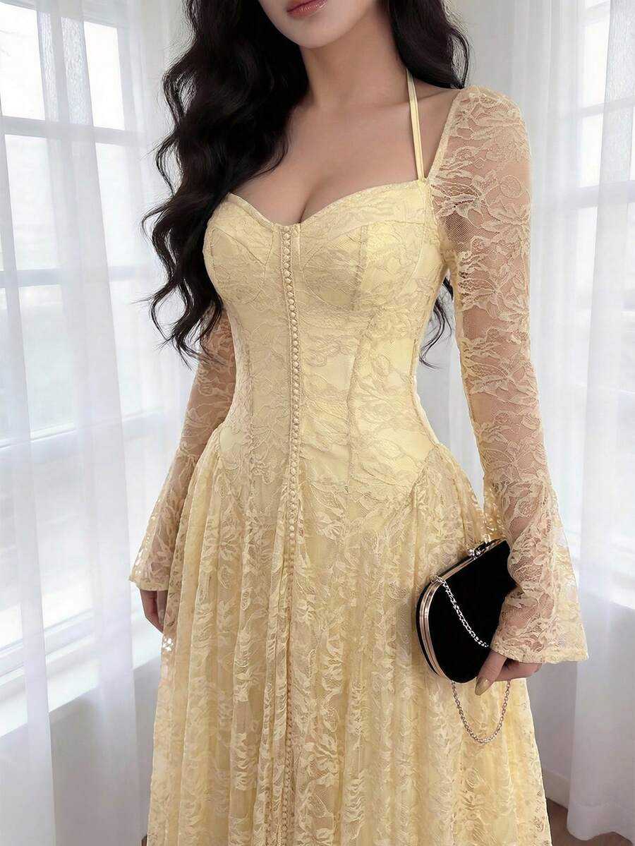 SHEIN Feyla فستان أصفر أنيق من قماش الدانتيل