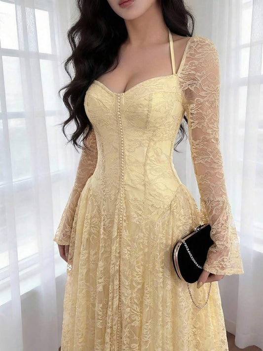 SHEIN Feyla فستان أصفر أنيق من قماش الدانتيل
