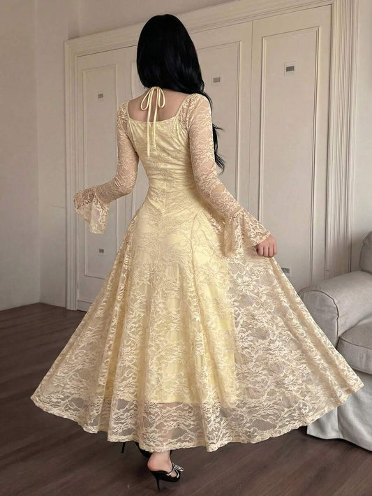 SHEIN Feyla فستان أصفر أنيق من قماش الدانتيل