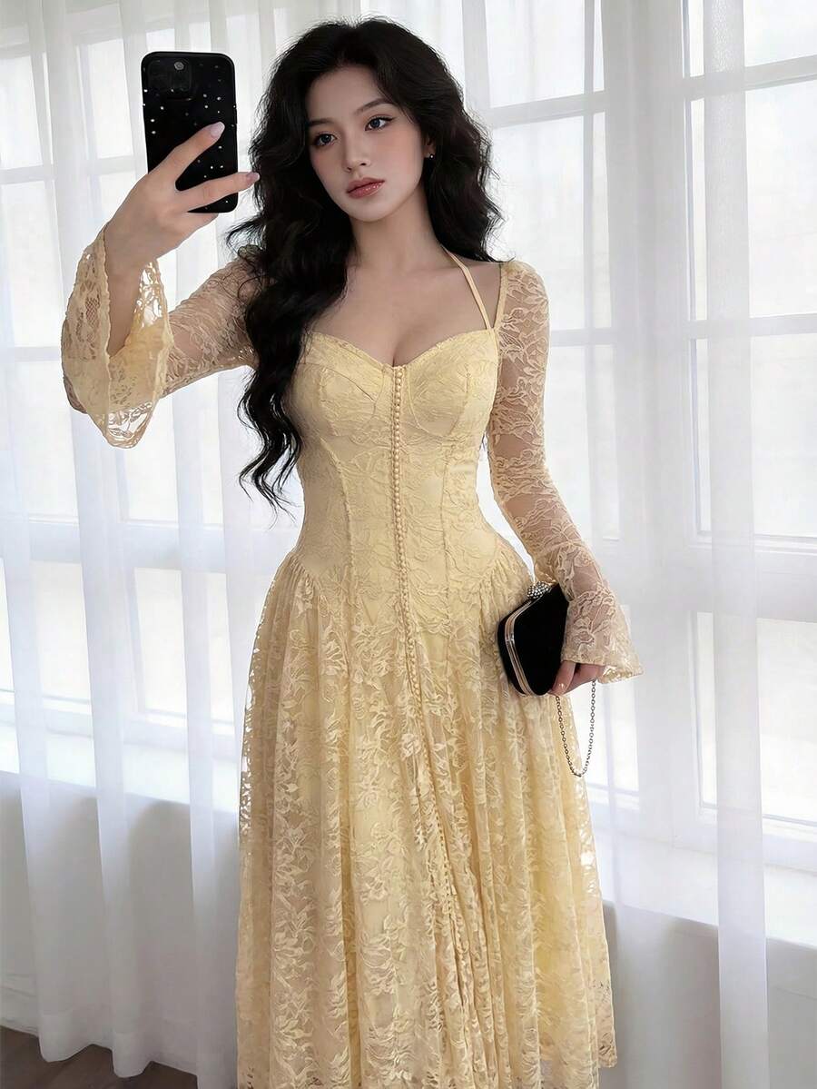 SHEIN Feyla فستان أصفر أنيق من قماش الدانتيل