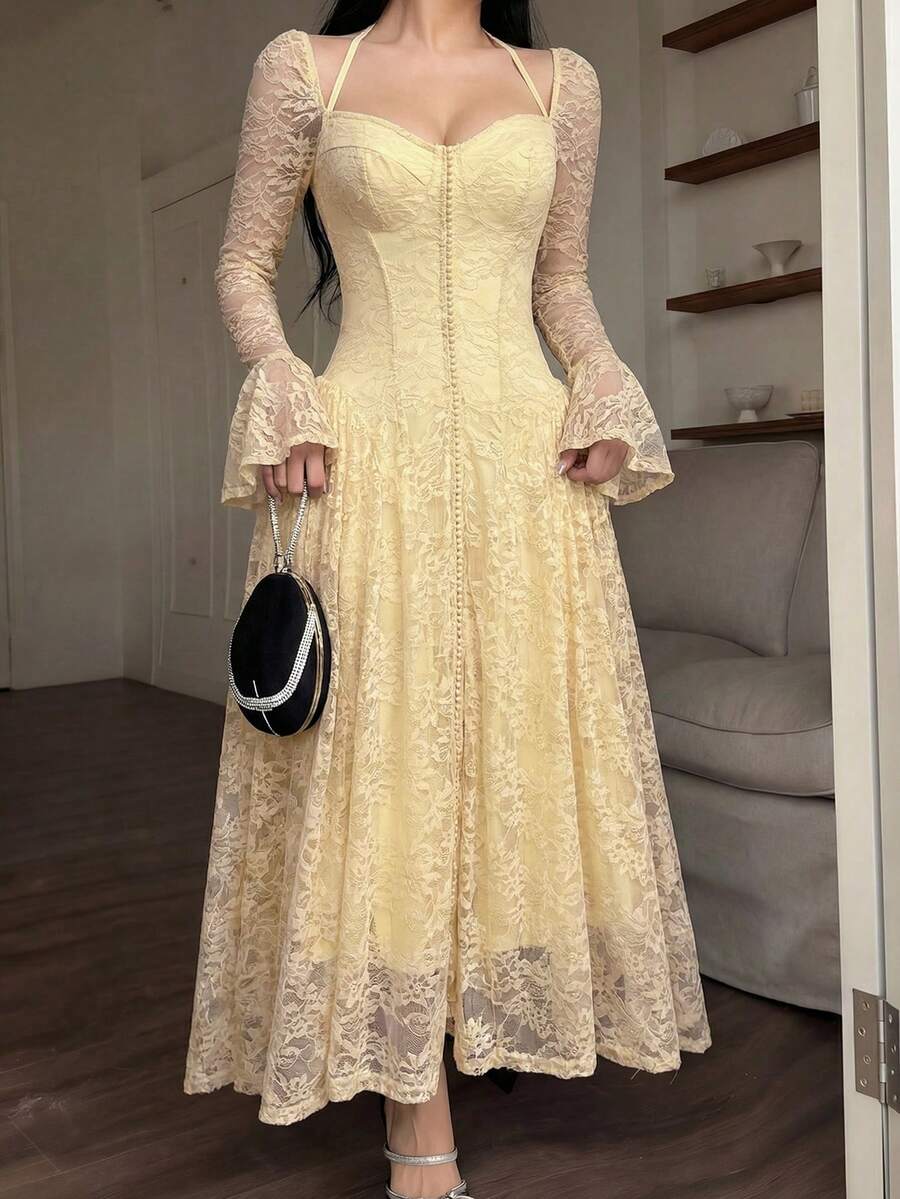 SHEIN Feyla فستان أصفر أنيق من قماش الدانتيل