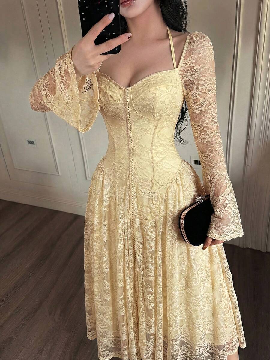 SHEIN Feyla فستان أصفر أنيق من قماش الدانتيل