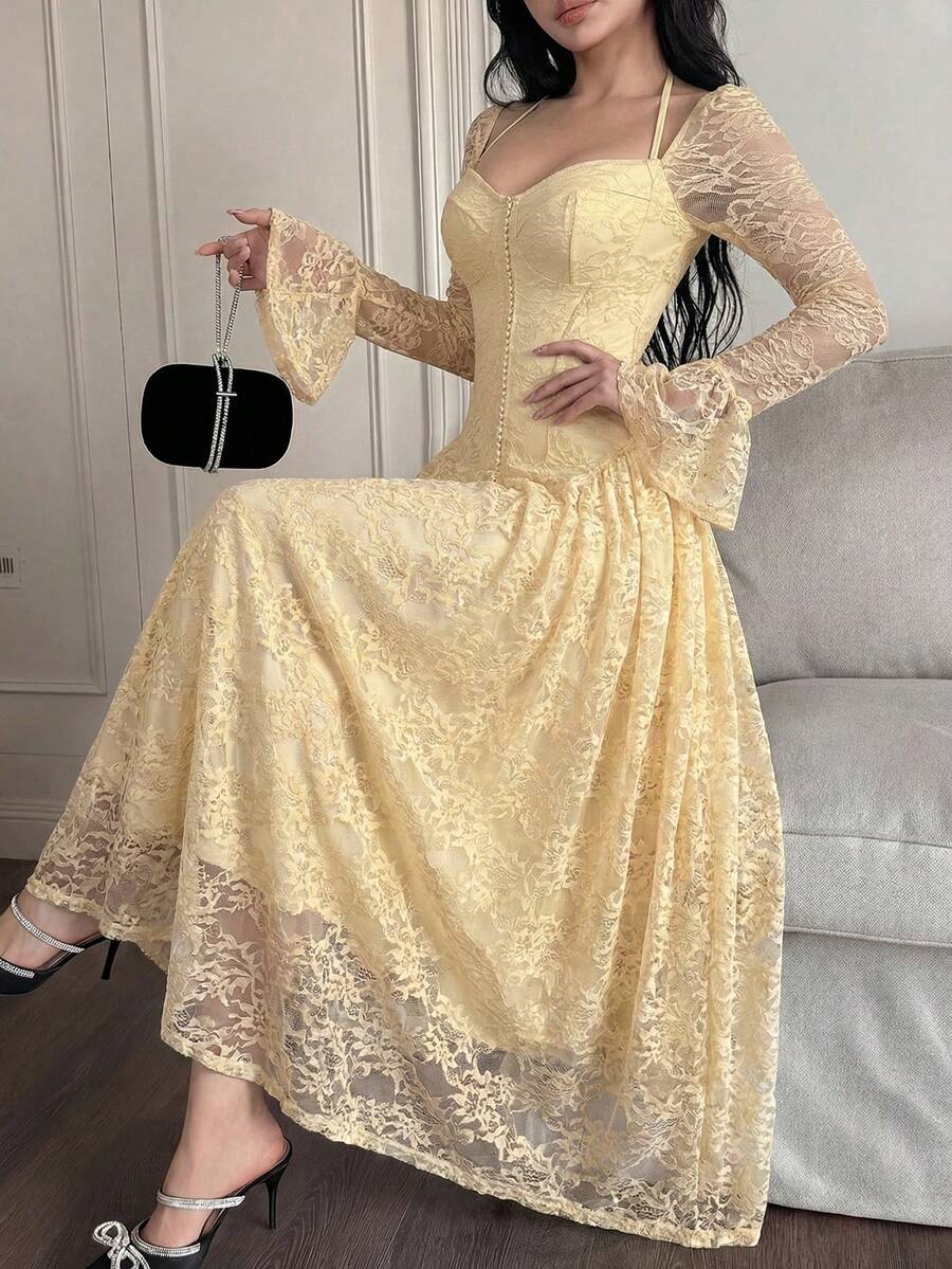 SHEIN Feyla فستان أصفر أنيق من قماش الدانتيل