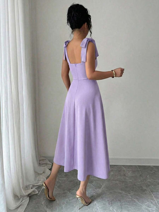 SHEIN ELENZGA فستان رومانسي بخصر مربوط بدون أكمام بلون أرجواني