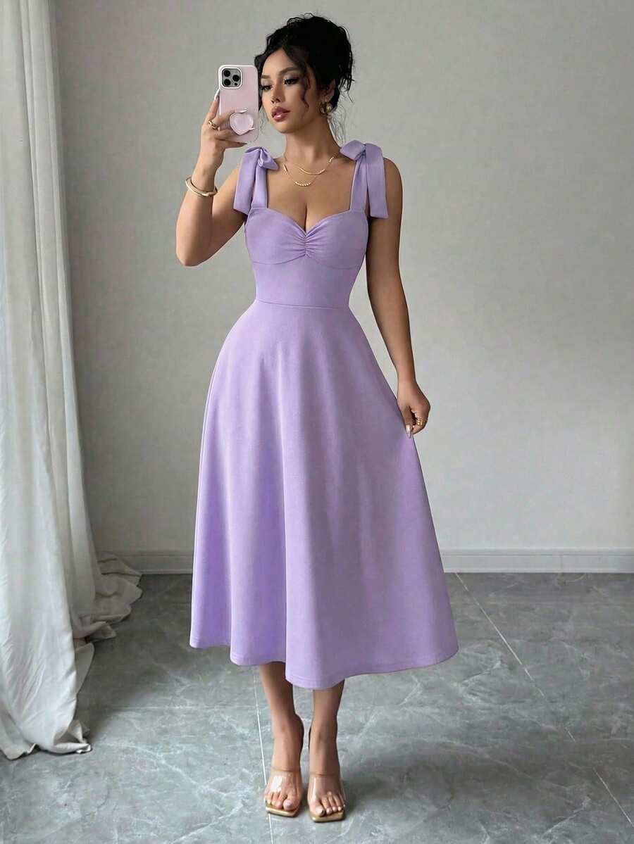 SHEIN ELENZGA فستان رومانسي بخصر مربوط بدون أكمام بلون أرجواني