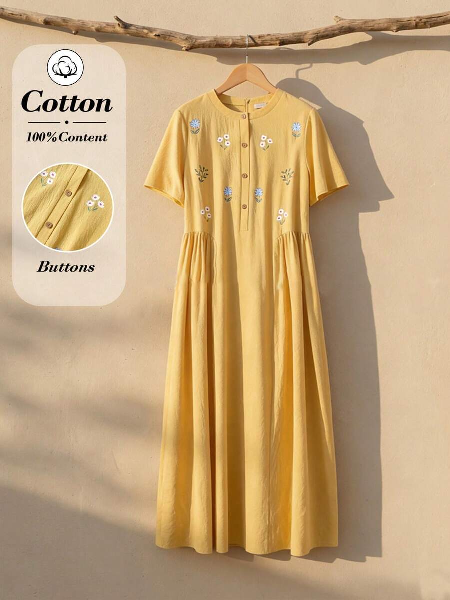 SHEIN RUSTICEASE فستان أصفر كاجوال أنيق بطبعة زهرية