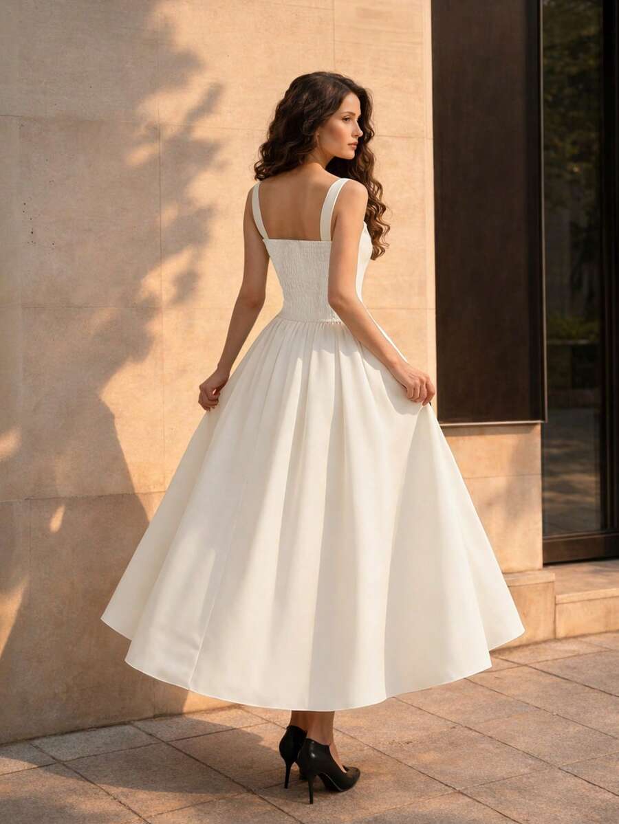 SHEIN فستان ساتان أبيض بدون أكتاف بياقة مربعة وخصر أنيق
