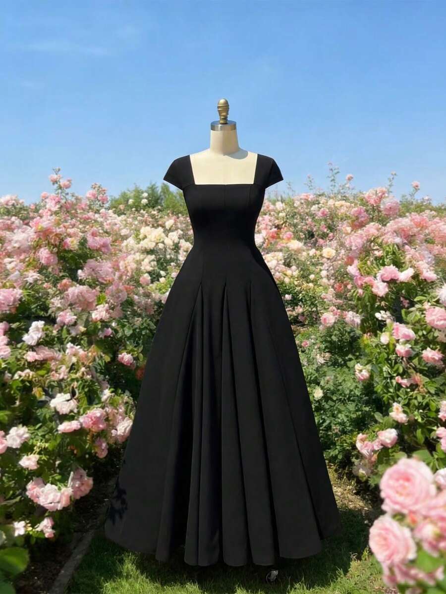 SHEIN A فستان أسود بظهر مكشوف وربطة خصر علي شكل حرف