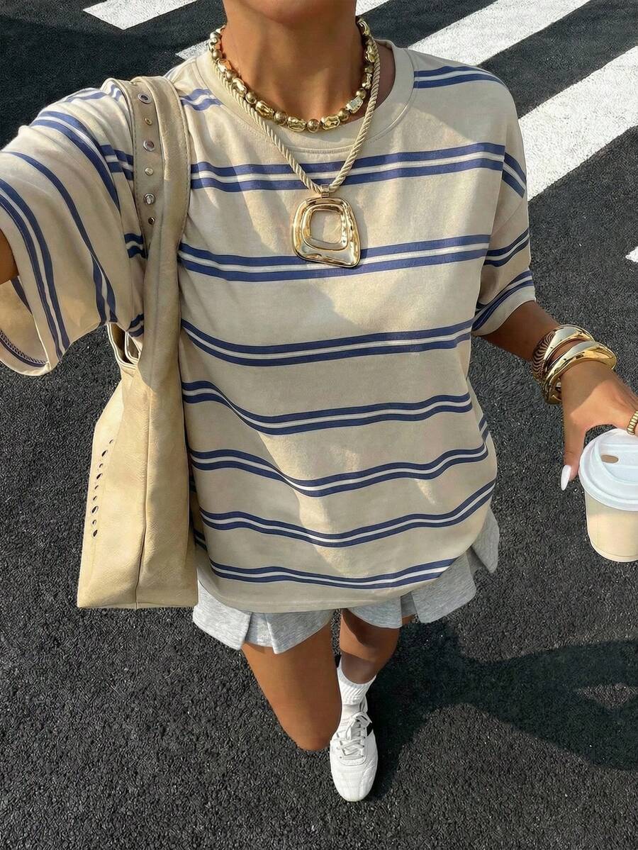 SHEIN EZwear تي شيرت نسائي مخطط كاجوال ستايل كوري