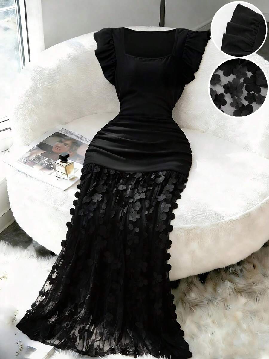 SHEIN Franclia فستان أسود بياقة مربعة وأكمام مكشكشة بتطريز زهور ثلاثية الأبعاد