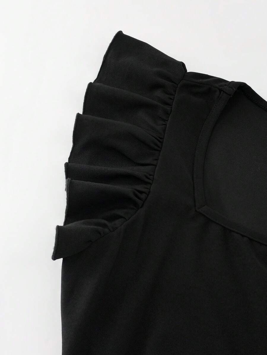 SHEIN Franclia فستان أسود بياقة مربعة وأكمام مكشكشة بتطريز زهور ثلاثية الأبعاد