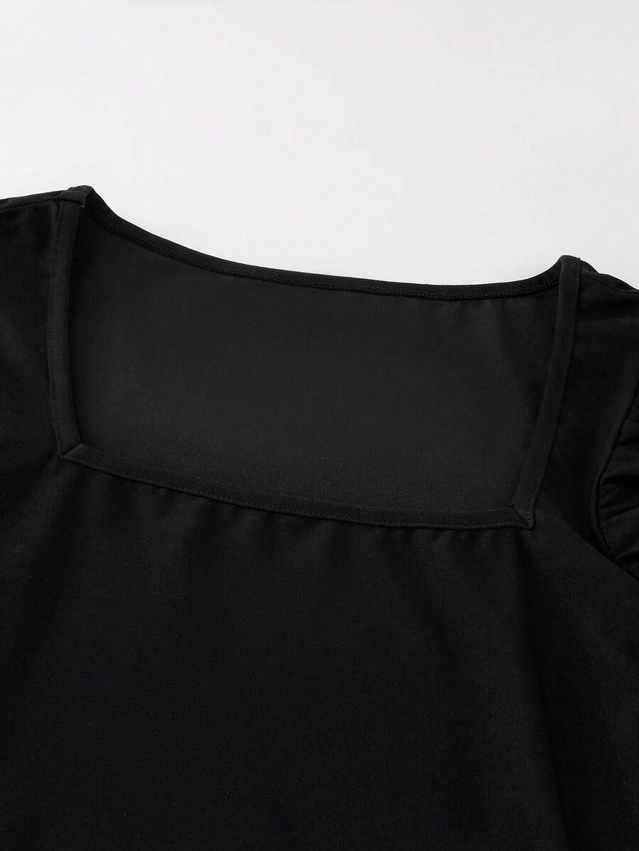 SHEIN Franclia فستان أسود بياقة مربعة وأكمام مكشكشة بتطريز زهور ثلاثية الأبعاد