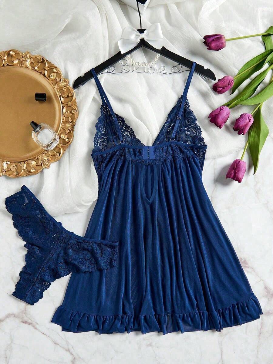 SHEIN SOFUSEN طقم ملابس داخلية قطعتين من الدانتيل بتصميم زهرة اللوتس